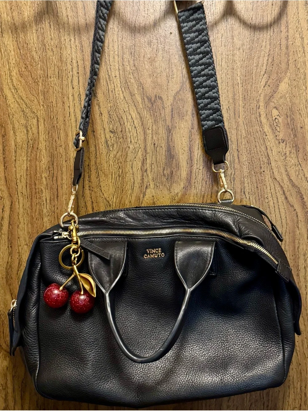 Vince Camuto Black Pebbled Leather Satchel Bag with Gold Hardware - Picture 1 of 8